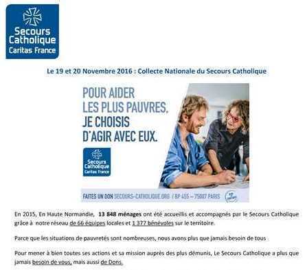 Les 19 et 20 novembre 2016 : collecte nationale du Secours Catholique