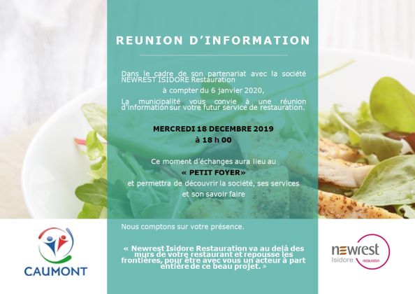 Réunion d’information le mercredi 18 décembre 2019 à 18 h pour le futur service de restauration scolaire